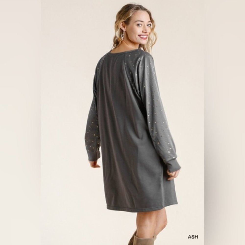 Umgee | Ash Gray Long Sleeve Raglan Sweatshirt Dress Winter Gold Star New Medium - Picture 11 of 14